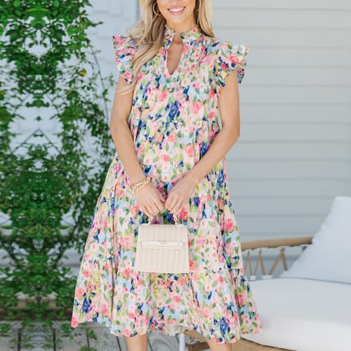 Image of Women Patchwork Dress Y2k Floral Puff Short Sleeve Maxi Dress Summer Boho Smocked Tiered Ruffle Beach Sundress