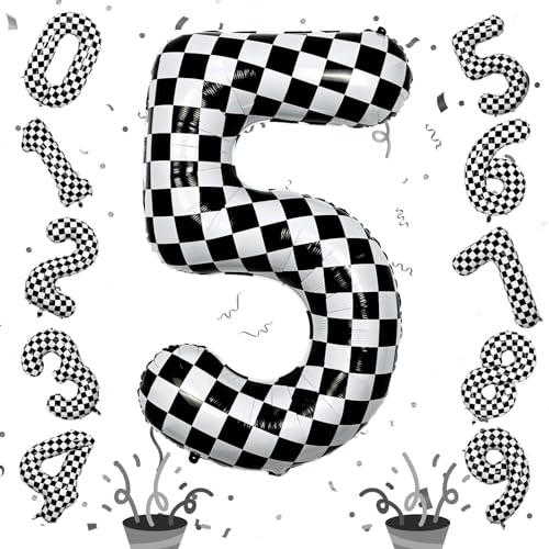 Image of 40 Inch Checkered 5 Number Balloons, Large Foil Self Inflating 5th Birthday Racing Balloons Decor, Black and White Checkered 5 Ballons for Boys 5th Birthday Race Car Flag Party Decorations Supplies