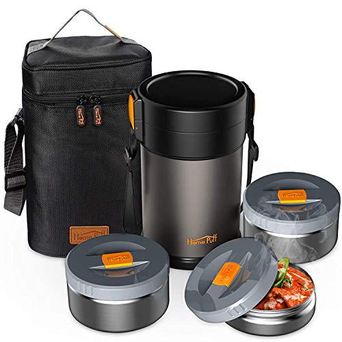 Home Puff Double Wall Vacuum Insulated Stainless Steel HeatPro Office Lunch Box for Men/Women, Easy to Carry Leak-Proof Tiffin Box, 3-Containers, Free Lunch Bag, 2L, Grey, 1-Year Warranty