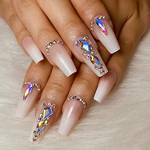 Yivaiks Rhinestone Press on Nails Pink Medium Length Artificial Nails Acrylic Nails Press on Fake Nails with Glue on Nails Pink False Nail Kit 24pcs Cover