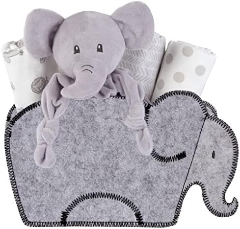 My Tiny Moments Welcome Baby Elephant Shaped 5 Piece Gift Set, Includes 3 Flannel Swaddle, Elephant Security Blanket, and A Gray Elephant Shaped Storage Container
