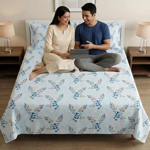 Image of Mafatlal 186 TC Metro Cotton Double Bed Bedsheet | 90x100 Inch|Soft, Breathable & Lightweight | Includes 2 Pillow Covers| Nordic Blue 1