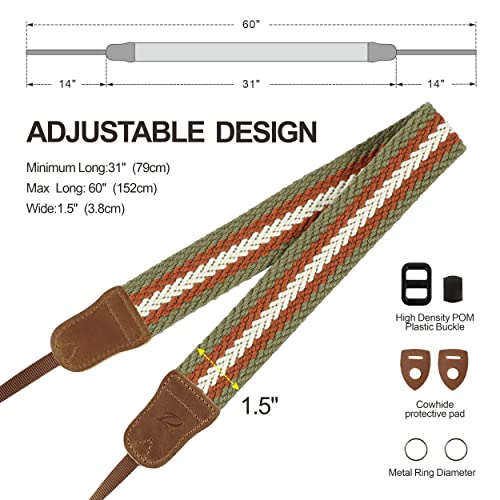 Stripes Camera Strap - 1.5" Cowhide Head Shoulder Neck Strap ,Vintage Woven Multi-Color Camera Straps For Cameras And Binoculars,Cute Adjustable Thin Strap For Adults & Kids(Green Yellow White） #TOP6