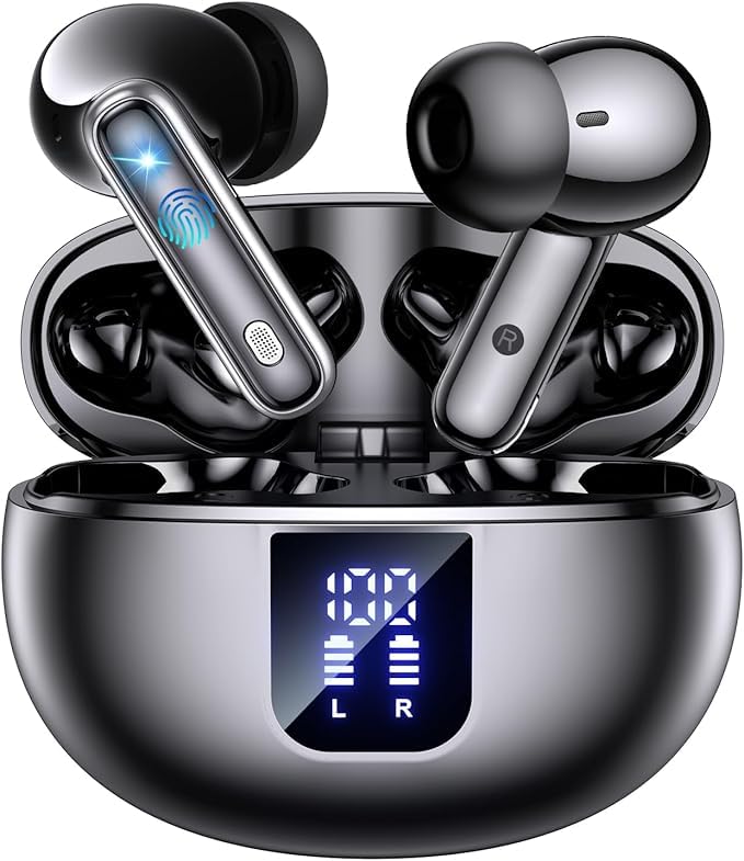 EUQQ Auriculares Inalámbricos-Bluetooth 5.4 con Modo Transparente,ANC&ENC Cancelación de Ruido Profunda,Micrófono Estéreo,46 Horas de Reproducción,Pantalla LED,IP7 Impermeable