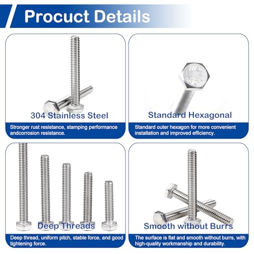 Image of MroMax 30Pcs M6-1 Hex Bolts, M6 x 16mm Hex Head Screws Bolts | 304 Stainless Steel 18-8, Fully Threaded, External Hex Drive, for Thin Sheet Metal and Electronics Fixing