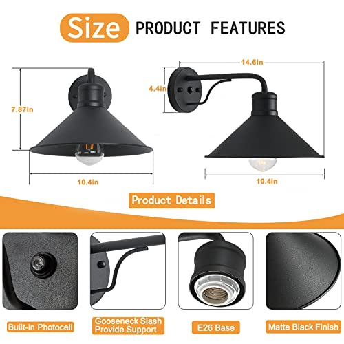 Ptrworoa Dusk To Dawn Sensor Wall Sconce Outdoor Lighting Fixture, Industrial Outdoor Barn Light Matte Black Exterior Wall Sconce For Patio,Doorway,Porch,Entryway,Garage, 2 Pack #TOP3