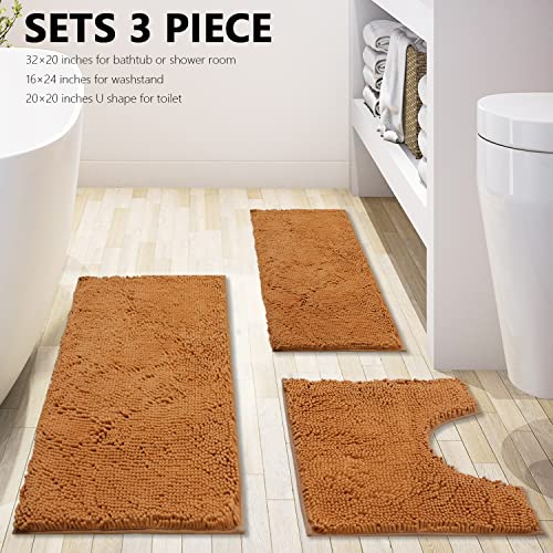 Image of Bathroom Rugs Chenille 3-Piece Extra Soft and Absorbent Shag Bathroom Rugs, Machine Wash Mat, Strong PVC Non-Slip Underside, Plush Carpet Mats (Champagne)