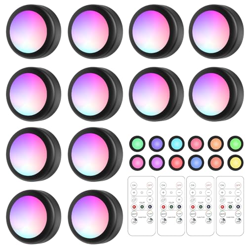 Lilampts LED Puck Lights with Remote Control, 16 Color Changeable Under Cabinet Lights with Control & Timing, Battery Operated Wireless Closet Lights for Closet, Bedroom,Kitchen,12 Pack - Black