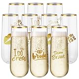 Reallnaive 12 Pcs Bridesmaid Wine Glasses Bachelorette Party Champagne Flutes 9oz Disposable Stemless Glass Champagne Flutes Gold Rim Toasting Glasses for Weddings and Parties with 12 Pcs Stickers