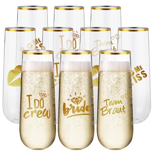 Reallnaive 12 Pcs Bridesmaid Wine Glasses Bachelorette Party Champagne Flutes 9oz Disposable Stemless Glass Champagne Flutes Gold Rim Toasting Glasses for Weddings and Parties with 12 Pcs Stickers