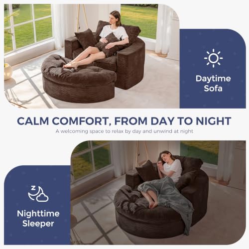 Image of MAXYOYO Oversized Round Chaise Lounge Sofa, Boneless Chair with Ottoman
