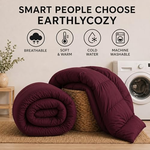 Image of Luxury Hotel Collection Cotton Comforter | All-Season Lightweight Quilt for Hot Sleepers | Plush, Breathable & Box-Stitched (Queen) Burgundy,
