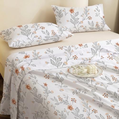 Image of IVAZA 240 TC Soft Ezyption Cotton Floral Print King Size Bedsheet - with 2 Pillow Covers, Hypoallergenic, Brethable, (Size- 90 x 90 Inch) Snow White