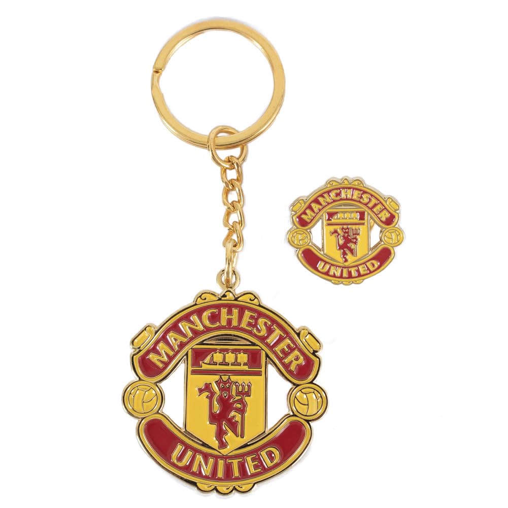 Manchester United Men's Red/Yellow Club Licensed Man Utd Crest Keyring & Badge Set - One Size