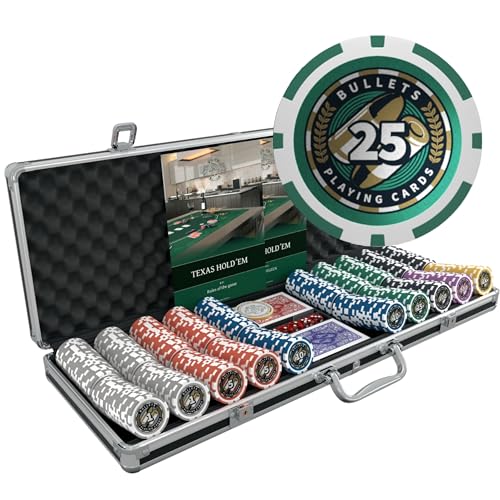 Bullets Playing Cards | Pokerkoffer Deluxe „Christopher“ mit 500 Plastik Pokerchips 12g | Pokerset mit Karten, Würfeln, Dealer Button & Regeln für Texas Holdem