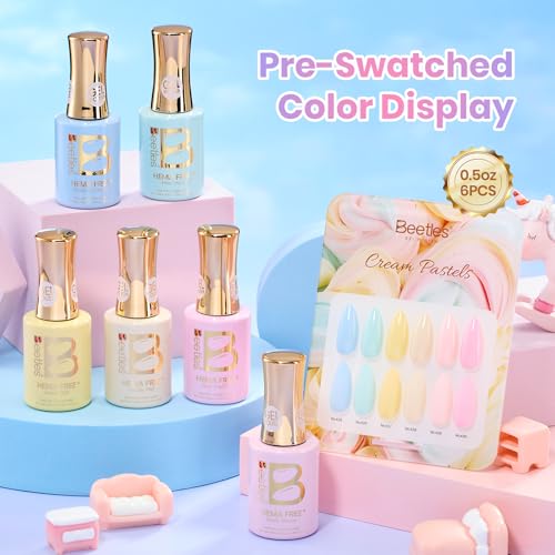 Image of Beetles Pastel Gel Polish Set- Cream Patels HEMA-FREE Gel, 6 Colors 15ML Full Size Pastel Yellow Pink Blue Summer Shades, Salon-Quality Long Lasting Soak Off UV LED Nail Gel with Swatch Card