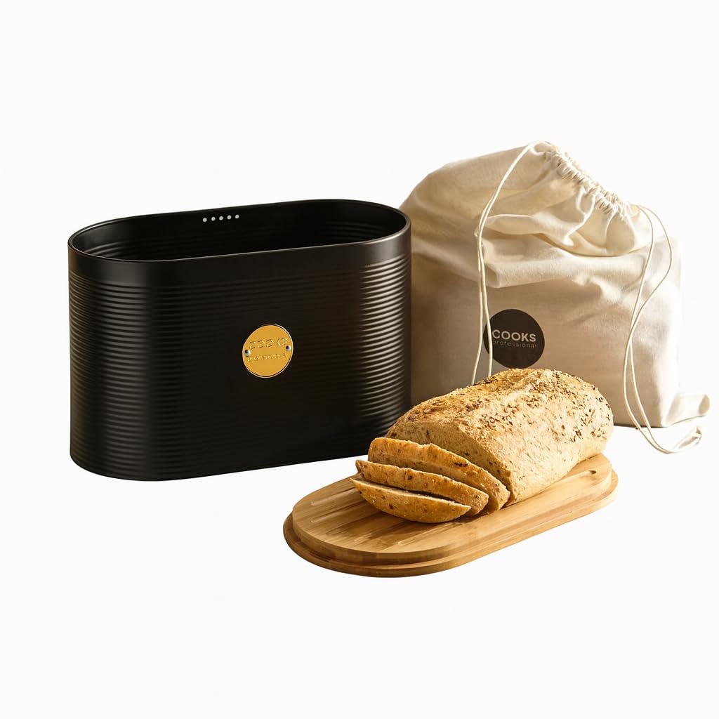 Cooks Professional Bread Bin, Linen Bag And Bamboo Board Set | / Black/Gold