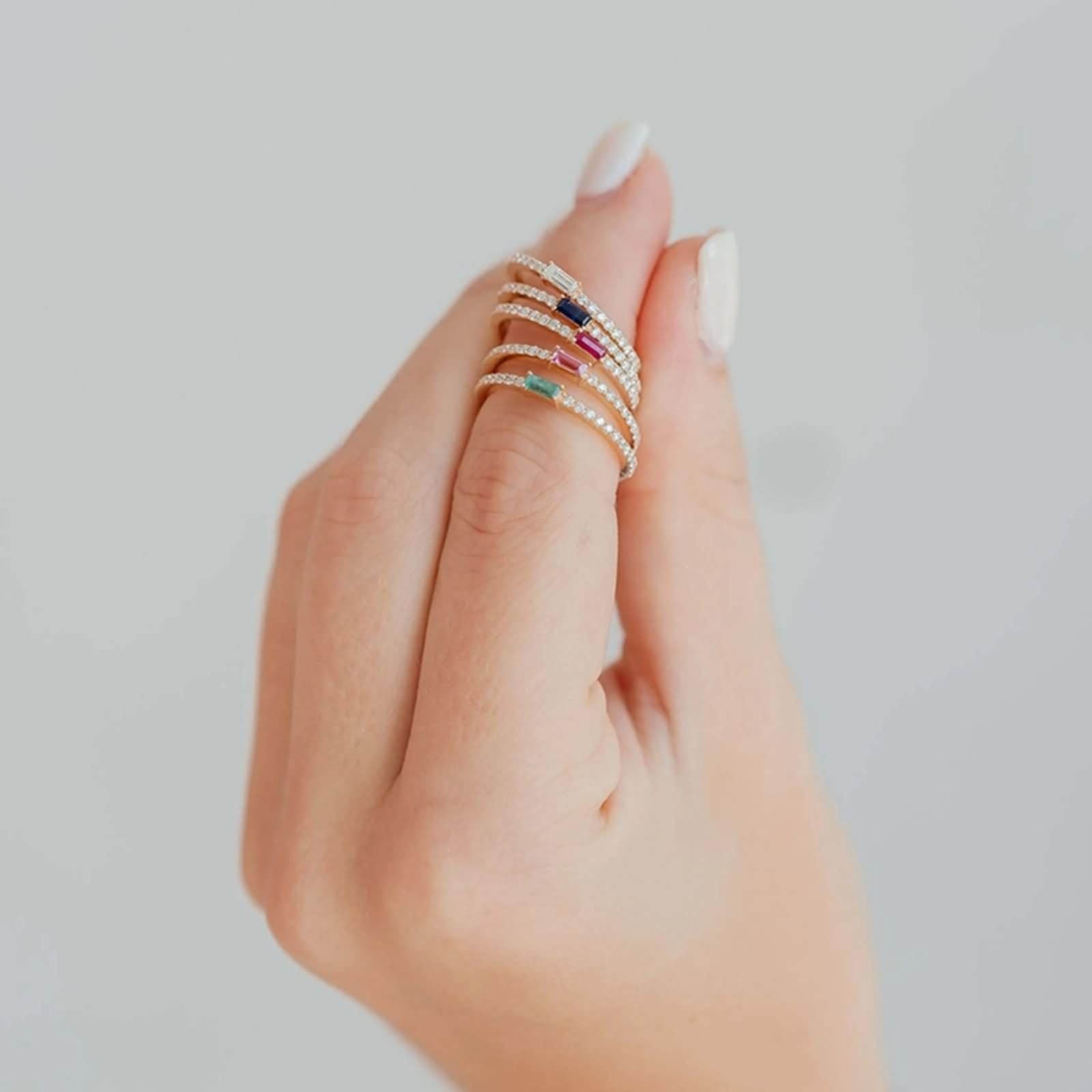 Anillo de Alianza de Oro Amarillo 9K/14K/18K Mujer, Rectángulo con Zafiro Creado y Moissanita, Anillos de Oro Amarillo Compromiso Mujer