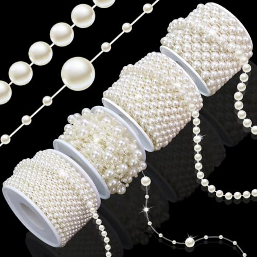 Towenm 4 Rolls 76 Feet Pearls String Garland Faux Pearl Beads Roll Strand for Crafts Artificial Pearls Chain Trim for Wedding Party Flower Valentine Christmas Decoration 4mm 6mm 8mm 8+3mm Ivory