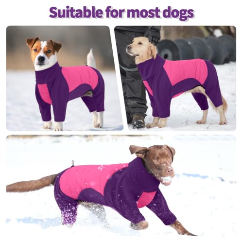Image of BRKURLEG Full Body Dog Winter Coat Warm Fleece Pullover Pajamas, Four Legs Covered Windproof Dog Jacket for Small to Large Dogs, Turtleneck Dogs Snowsuit, Pet Cold Weather Clothes, Pink Purple XL