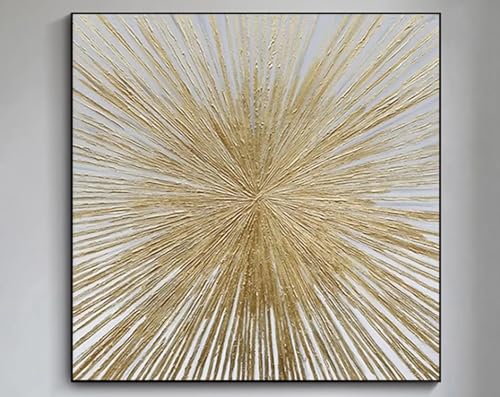 Tableau abstrait doré salon moderne grand format toile soleil rayonnant 3D