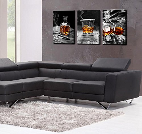 Sechars - Canvas Prints Wall Art,Cigar Whisky Canvas Wall Art,Liquor Still Life Painting Picture Giclee Print On Canvas,Framed And Ready To Hang,Modern Kitchen Room Pub Wall Decor - 48"X24"Overal #TOP3