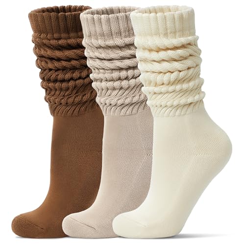 Toetally Womens Slouch Socks Knee High Cotton Sock Long Boot Scrunch Socks Gift 3 Pairs Morandi M