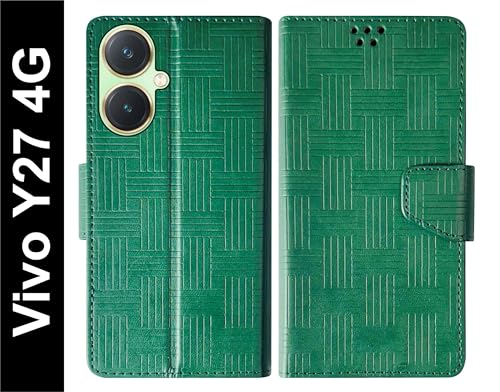 Image of SBMS Flip Cover for Vivo Y27 Back Cover Case with Magnatic Closure | Inbuilt Stand | Card & Money Pocket (Mat Green)