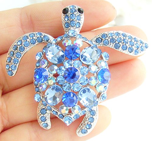 Sindary Unique Animal 2.36" Rhinestone Crystal Turtle Tortoise Brooch Pin Pendant Bz3344 (Silver-Tone Blue) #TOP3