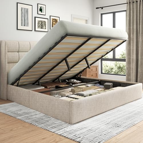 Lifezone King Size Lift Up Storage Bed Frame, Linen Upholstered King Platform with Button Tufted Wingback Headboard and Under-Bed Storage, Hydraulic Support, No Box Spring Needed, Noise Free, Beige