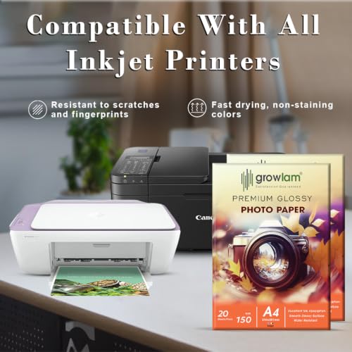 Image of Growlam Premium Glossy Photo Paper 150 GSM A4 Size, 20 Sheets (Pack of 2) | Inkjet Compatible, Perfect Image Rendering, Vivid & Sharp Colour Outputs