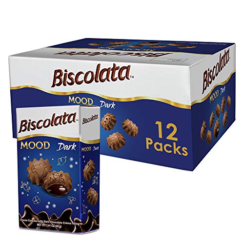 Biscolata Mood Cookies with Chocolate Filling Snacks - Crispy Cookie Shell Filled with Milk Chocolate (Dark, 12 Boxes)