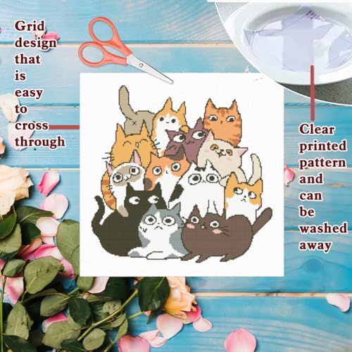 Image of FREEBLOSS 11CT Cross Stitch Kits 13 Cats Pattern Stamped Cross Stitch Wall Painting Craft Kit Full Range of Embroidery Starter Kits for Adult Beginners with Instruction 17.7 x 17.7