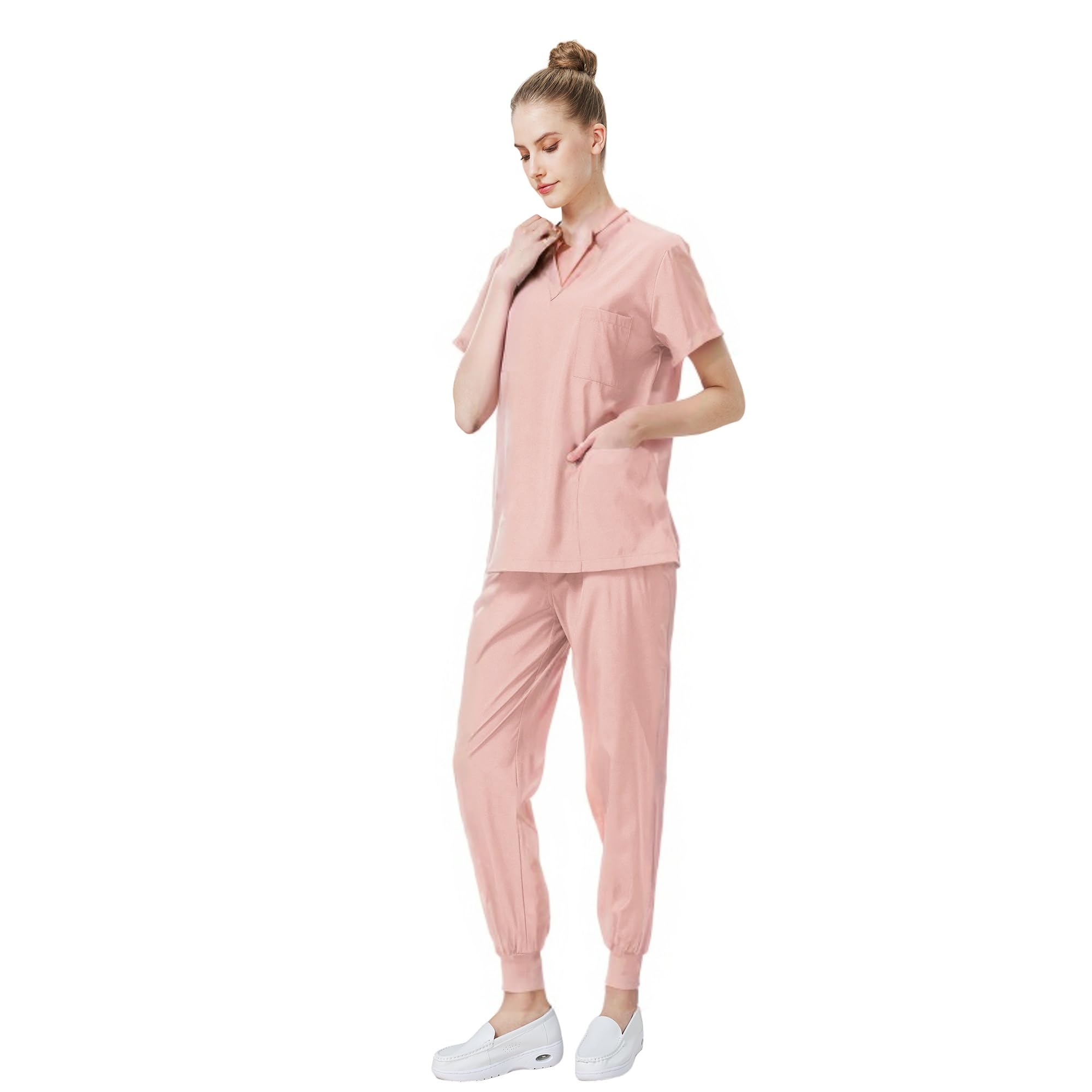 DK05 Combinaison médicale à col en V et manches courtes avec 3 poches Pantalon slim Séchage rapide Unisexe