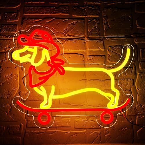 Skateboard Dachshund Neon Sign for Wall Decor Dimmable Dachshund Neon Light for Man Cave LED Animal Cowboy Dog Light Up Sign for Bedroom Office Party Christmas Birthday Gifts Size13.8 * 11.4