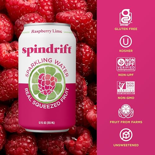 Image of Spindrift Sparkling Water, Raspberry Lime Flavored, Made with Real Squeezed Fruit, Only 9 Calories per Can, 12 Fl Oz Cans, Pack of 24