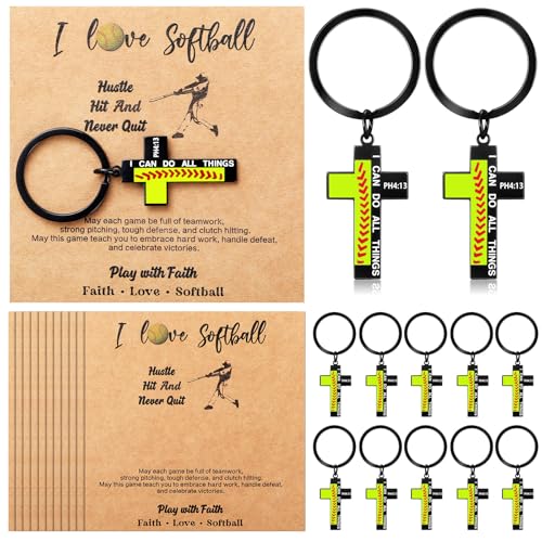 Image of Quelay 24 Sets Football Baseball Softball Christian Cross Keychain with Cards Metal Faith Gift for Teen Athletes