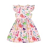 Happy Town Toddler Baby Girl Dress Summer Pink Dinosaur Printed Dresses Fly Sleeve Tutu Dress Girls Casual Sundress (Pink & Dinosaur, 2-3 Years)