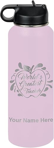 Miniatura 72 de LaserGram Botella de agua con tapa abatible de doble pared de 32 onzas con popote, el mejor maestro del mundo, grabado personalizado incluido (verde