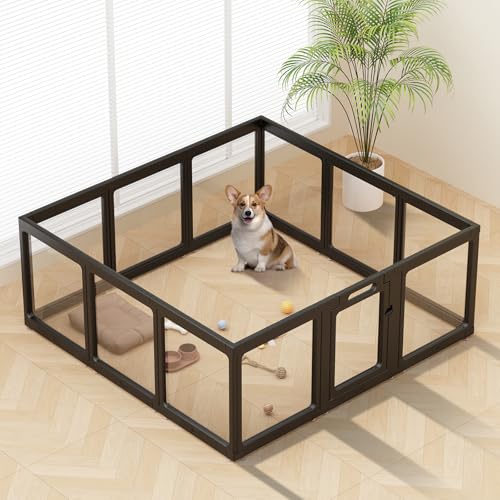 Image of Clear Acrylic Dog Playpen Indoor, Puppy Cat Small Pet Play Pen, Pet Cat Playpen for Rabbits, Dog Fence Crate Kennel Whelping Cage (Black, 12 Panel)