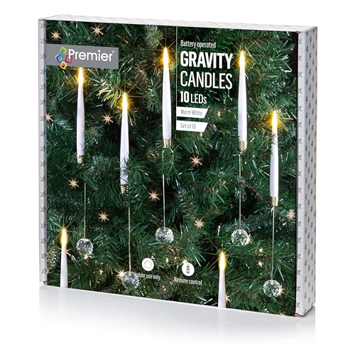 Image of Premier Battery Operated Gravity Candles, Set of 10 Warm White LED Hanging Candles with Weighted Glass Effect Crystals, Remote Control, Indoor Use