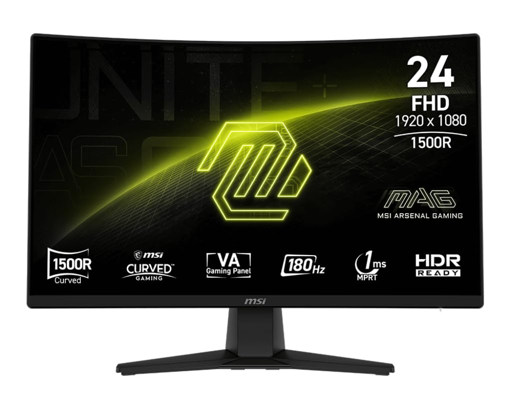 msi mag 242c 24-inch 1920 x 1080 (fhd) gaming monitor, 180hz, amd freesync, hdmi, displayport, vesa, tilt, height adjustable, speaker, 1ms, black