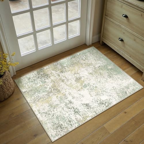 Image of HUGEAR 2x3 Entryway Rug Green Machine Washable Abstract Area Rug Small Rugs Entrance Door Mat Indoor Rugs Modern Low Pile Carpet Kitchen Bedroom Office Non Slip