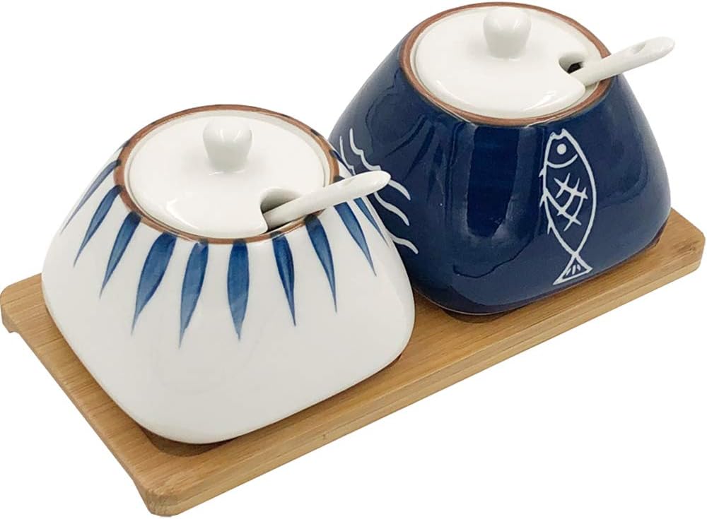 Set of 2 Hand-paint Ceramic Spice Jars Sugar Bowl Container,Condiment Seasoning Box Container Pot Set with Lids,Spoon and Bamboo Tray