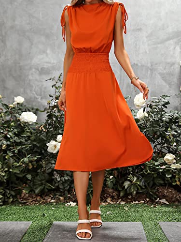 Milumia Women's Casual Tie Shoulder Smocked Mock Neck Sleeveless A Line Swing Midi Dress Orange Medium #TOP4