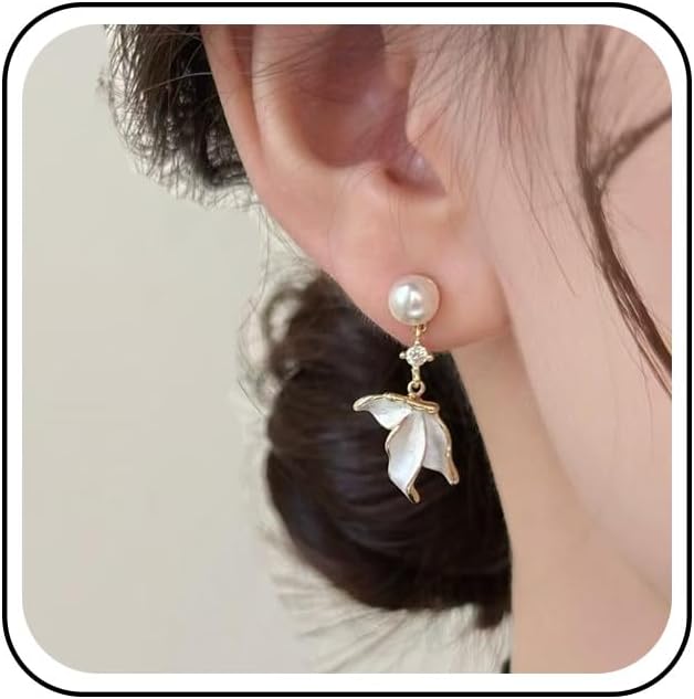 Vintage Pearl Enamel Petal Drop Earrings Pearl Stud Earrings White Enamel Flower Dangle Earring Rhinestone Cz Earring Jewelry for Women