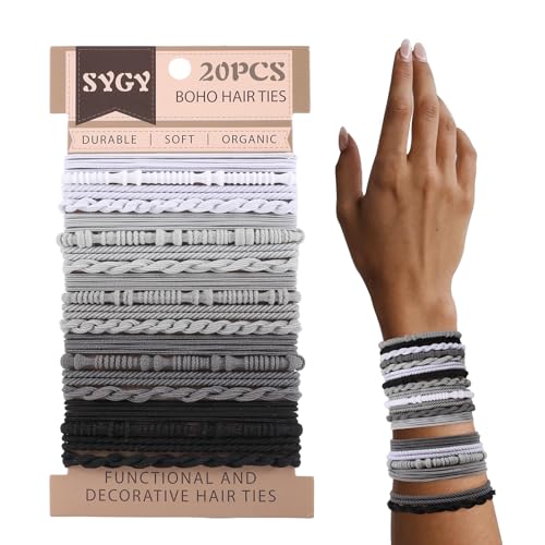 20 PCS Boho Hair Ties, Grey Bracelets Hair Ties for Thick or Thin Hair, 4 Styles Boho Ties for Ponytail Holders, 2.36â€™â€™ Hair Ties No-Damage