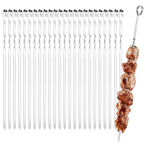 Srvauyea 25 Pièces Pique Brochette Inox, 30cm Brochette Barbecue, Brochettes de Kebab en Acier Inoxydable, Réutilisables Bâtonnets à Brochettes Plats pour Barbecue, Viande, Légumes