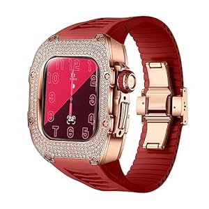 Titanium Alloy Case Rubber Bands Women for Apple Watch Series 8 41mm 40mm, Diamond Bezel Fluoroelastomer Band with Stainless Steel Clasp Watch Accessories for Iwatch Series 7 6 5 4 3