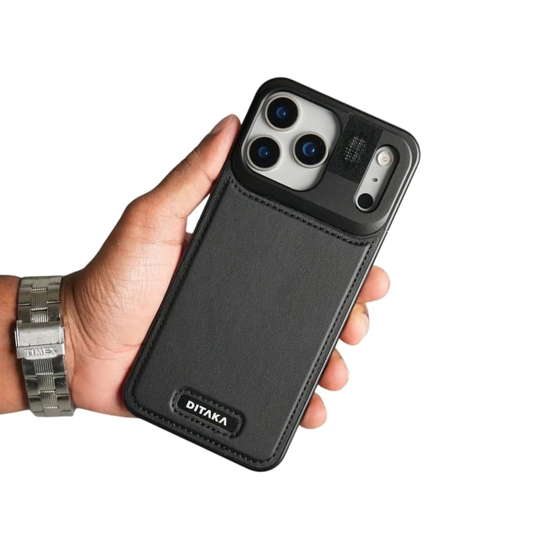 Image of Business Leather Phone Case Compatible with iPhone 17 Pro Max with Mag Charging | Aluminum Alloy Eco-Friendly Cloth Aroma Therapy Phone Case - Black